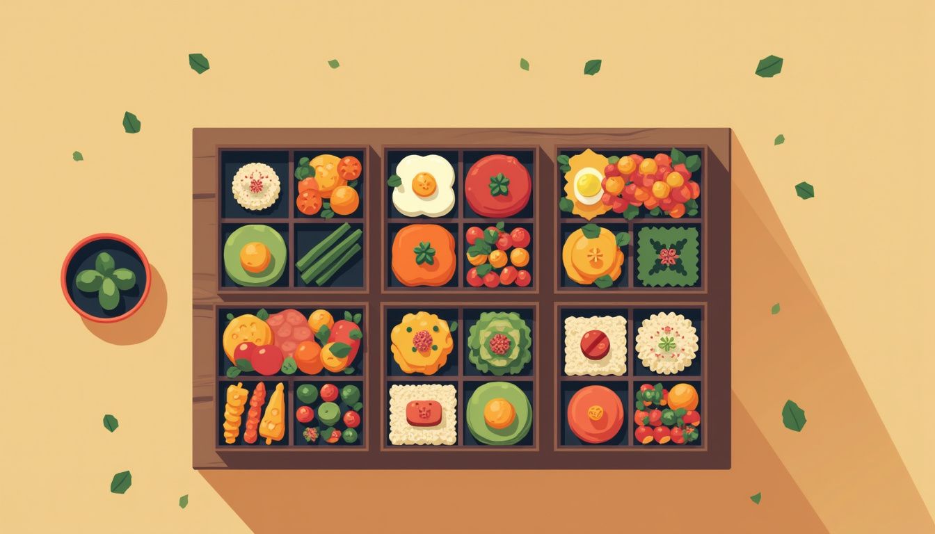 Een minimalistische vectorillustratie van kleurrijke bento dozen op een houten tafel.