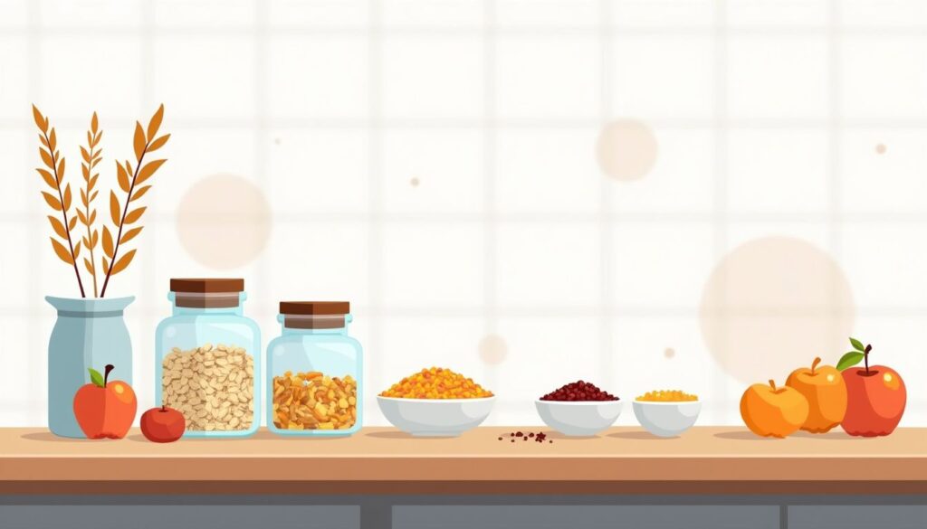 Een minimalistische illustratie van een houten keuken met glazen potten.