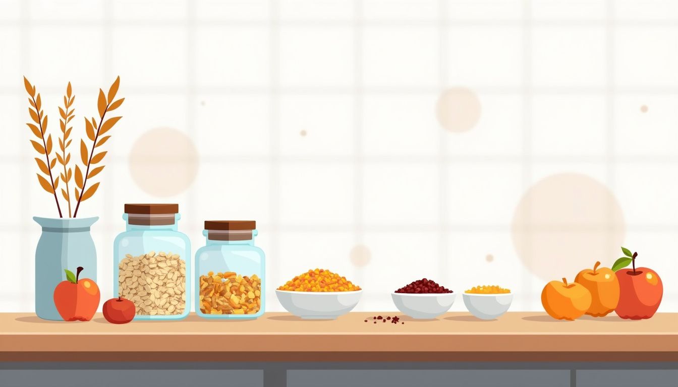 Een minimalistische illustratie van een houten keuken met glazen potten.