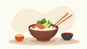 Minimalistische vectorillustratie van een sushi-bowl met bijgerechten.