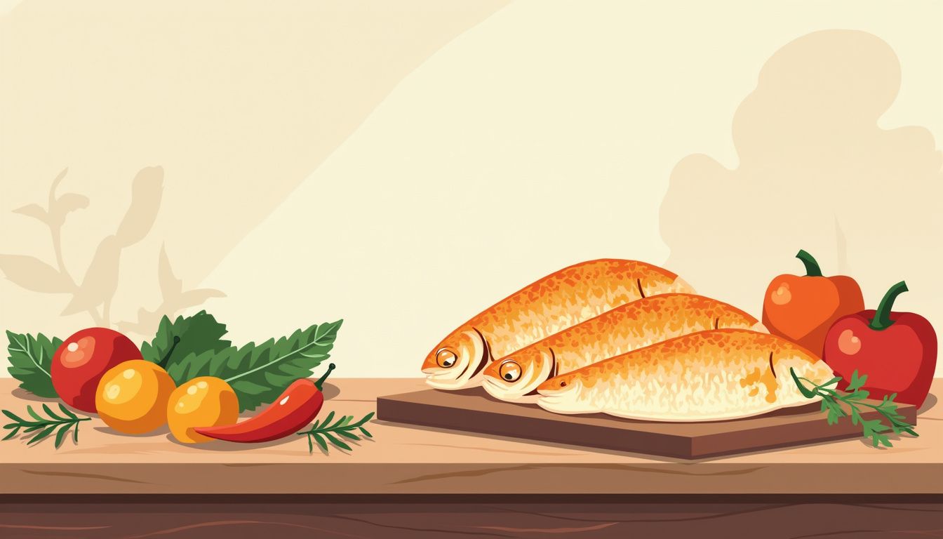 Vectorillustratie van een houten aanrecht met verse tilapia en groenten.