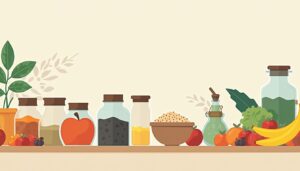 Moderne keukenillustratie met kruiden, fruit en groenten in minimalistische stijl.