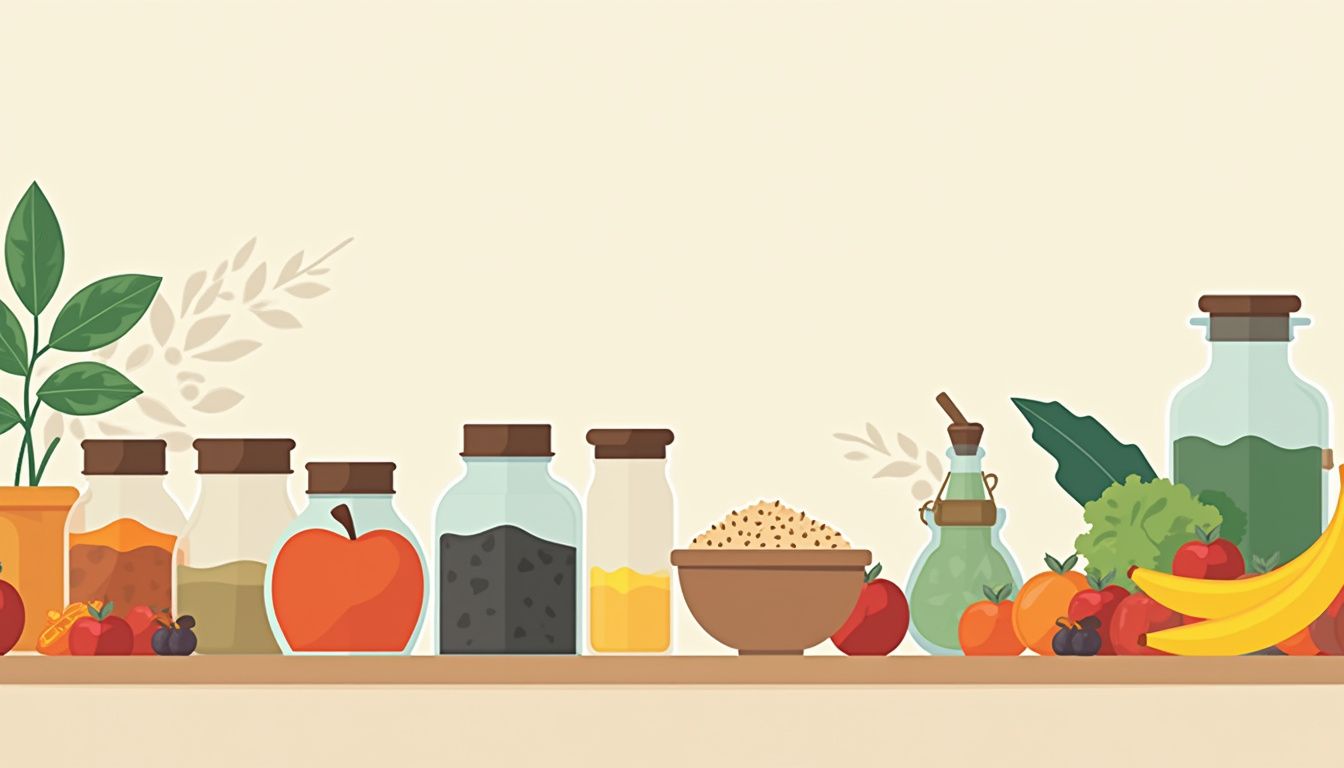 Moderne keukenillustratie met kruiden, fruit en groenten in minimalistische stijl.