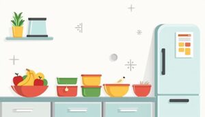 Minimalistische keuken met kleurrijke containers en een kookboek.